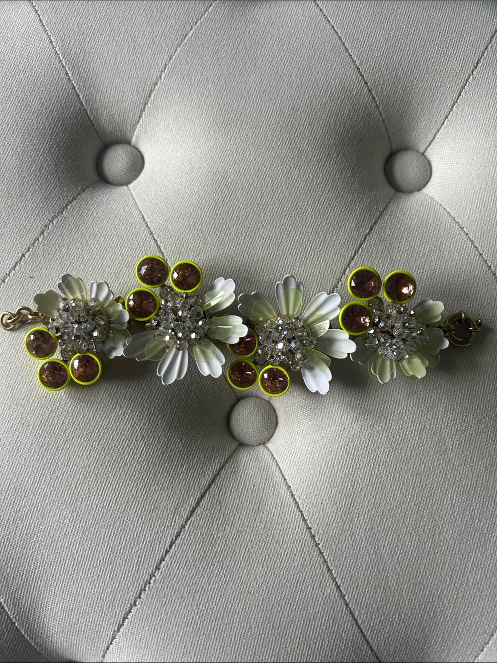 JCrew Floral Brûlée Crystal Statement Bracelet in White and Neon Citron 🍋‍🟩